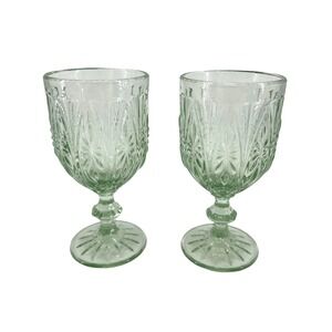 Vintage Green Pressed Glass Goblets (Set of 2) -‎ Mid Century Stemware MCM